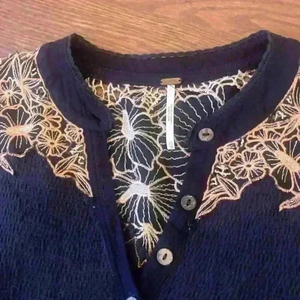 Free People Boho Black Gauze Thermal Embroidered Long Sleeve Top size XS